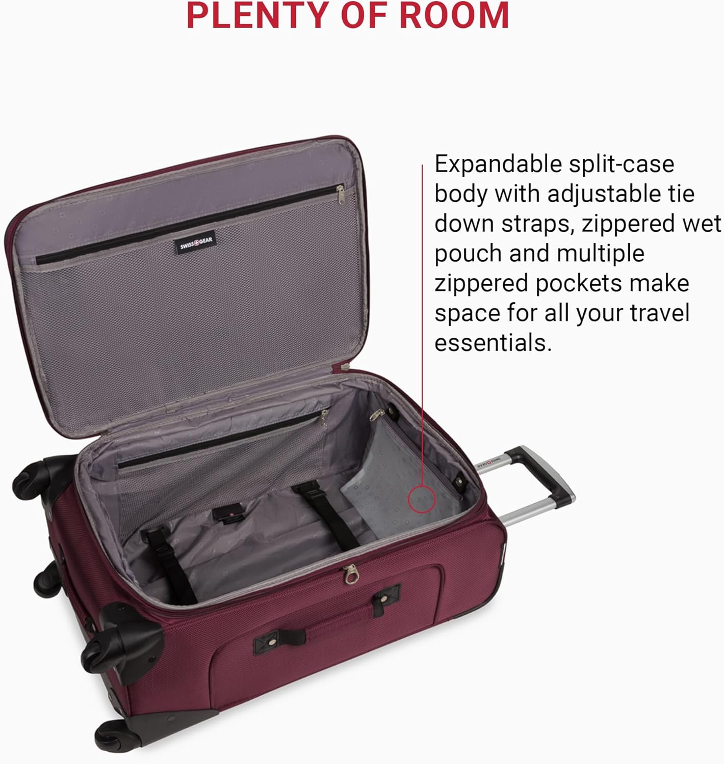 SwissGear Sion Softside Expandable Luggage – Medium Checked Suitcase with 360 Degree Wheels & Retractable Handle – 25 Inch, Perfect for 1-7 Night Trips – Merlot