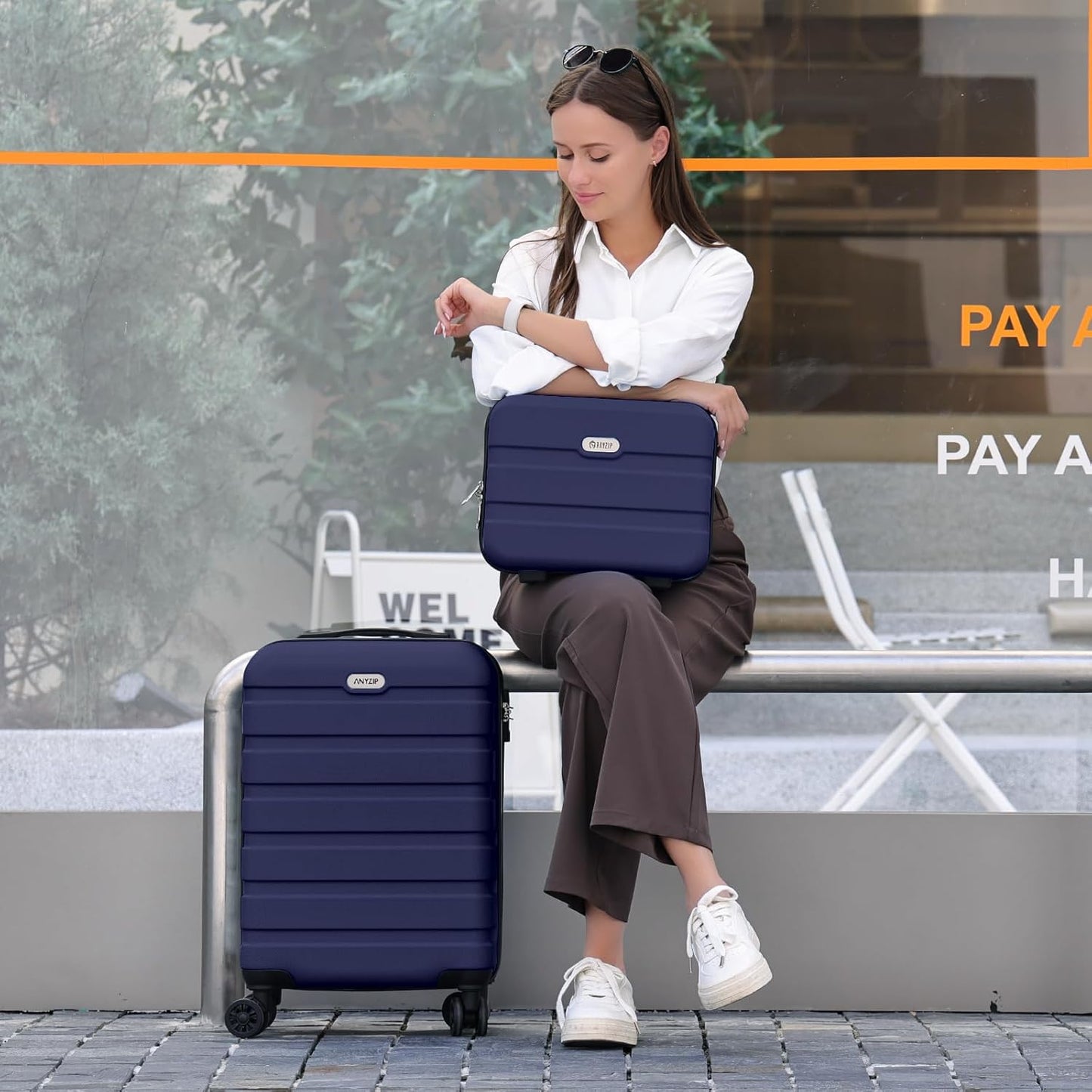 AnyZip Carry On Luggage 2PCS Luggage Set PC ABS Hardshell Lightweight Suitcase TSA Lock with 4 Spinner Wheels（14/20, Dark Blue）