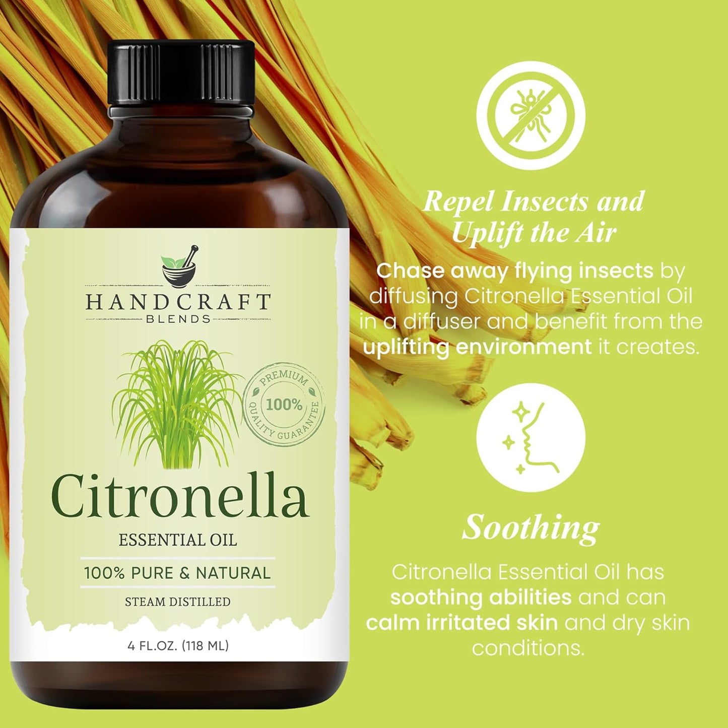 Handcraft Blends Citronella Essential Oil – Huge 4 Fl Oz – 100% Pure and Natural – Premium Grade Essential Oil for Diffuser and Aromatherapy, Skin, Massage, Candle and Soap Making Fragrance