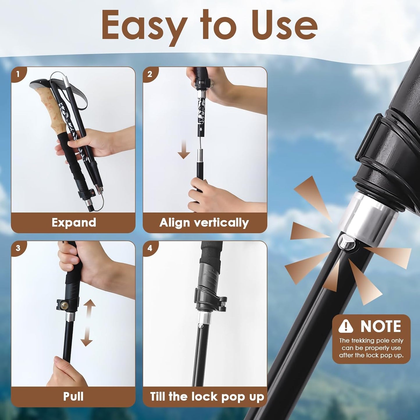 Hiking Poles Collapsible Trekking Poles, Lightweight Folding Walking Stick for Travel with EVA Handle, Walking Stick for Women Men, Adjustable Height, Set of 2