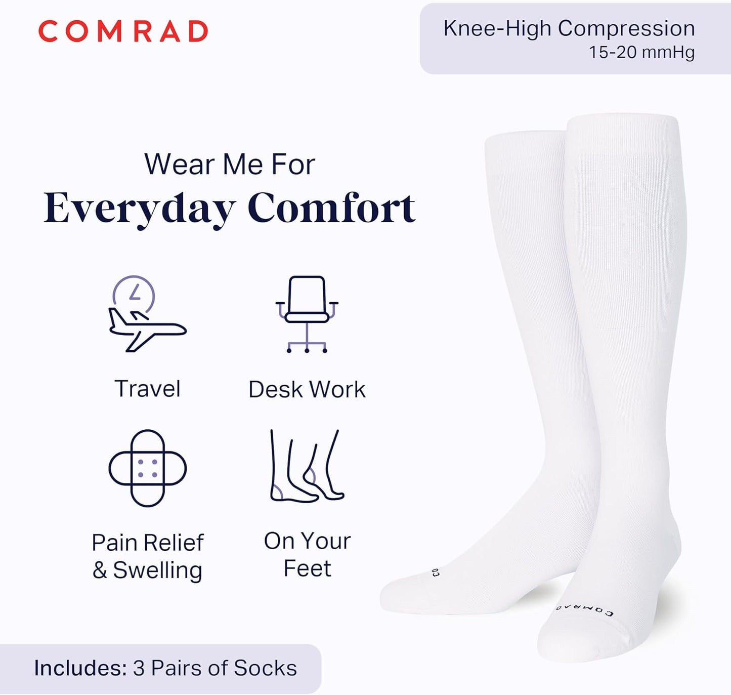 Comrad Nylon Knee High Socks - 15-20mmHg Graduated Compression Socks - Soft & Breathable Support Unisex Socks