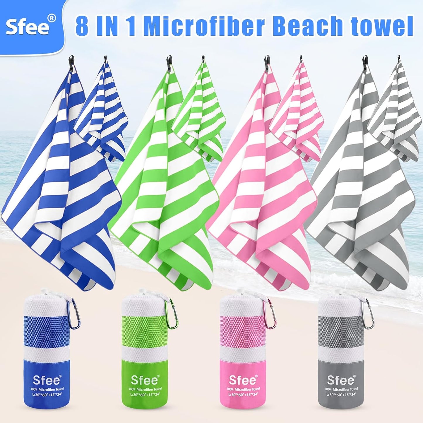 Sfee 4 Pack(8Pcs) Microfiber Travel Towel, Beach Towel Quick Dry Towel Camping Towel Super Absorbent Compact Lightweight Sports Gym Towels for Beach, Gym, Hiking, Pool, Backpacking, Bath, Yoga