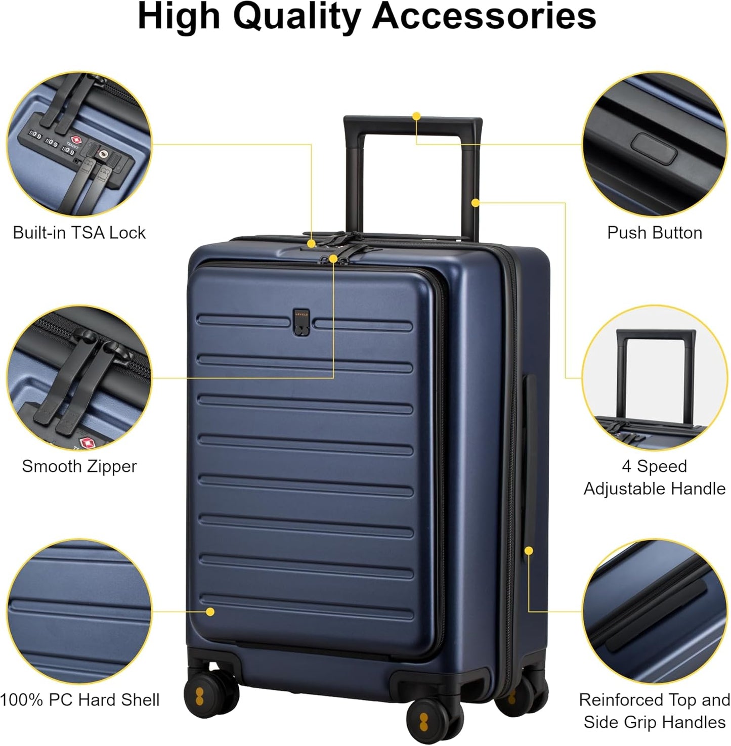 LEVEL8 Carry On Luggage with Compartment, 20 Inch Lightweight Hard Shell Rolling Suitcase with Wheels Airline Approved with Front Pocket, Double Tsa Locks, Navy Blue
