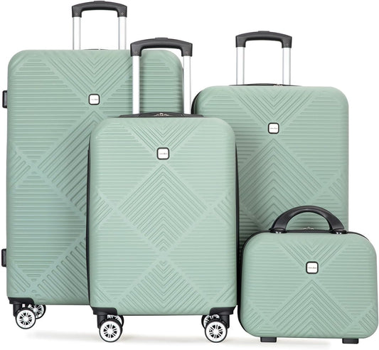 Luggage 4 Piece Set, Hardshell ABS Suitcase Set with Double Spinner Wheels, Lightweight Suitcase, Carry On and Checked Travel Luggage, Olive Green