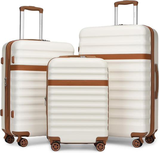 Kono Luggage Set 3 Pieces Expandable ABS Durable Suitcase Hardside with Double Spinner Wheels Tsa Lock Cream White(20in/24in/28in)