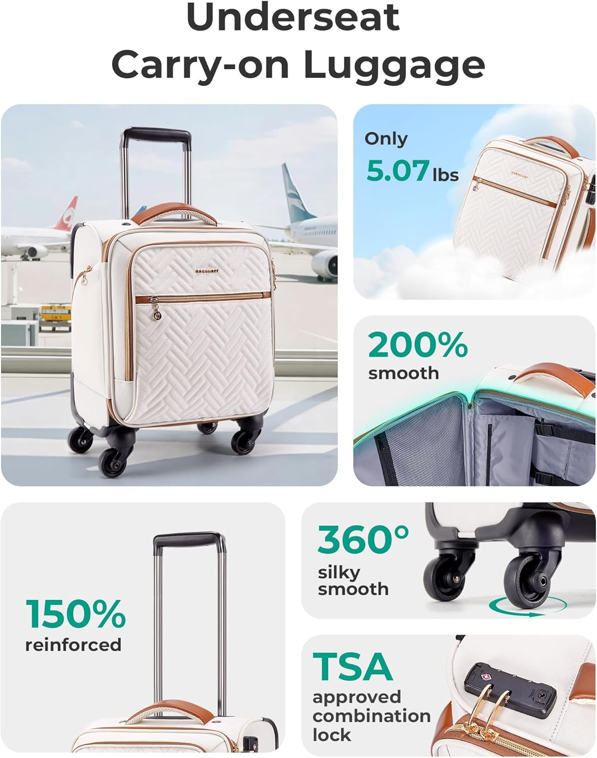 BAGSMART Underseat Carry On luggage Airline Approved, 16-inch Small Softside Underseater Travel Suitcase with Spinner Wheels Overnight Bag Small Rolling Carry-on for Women Men Weekender,Beige