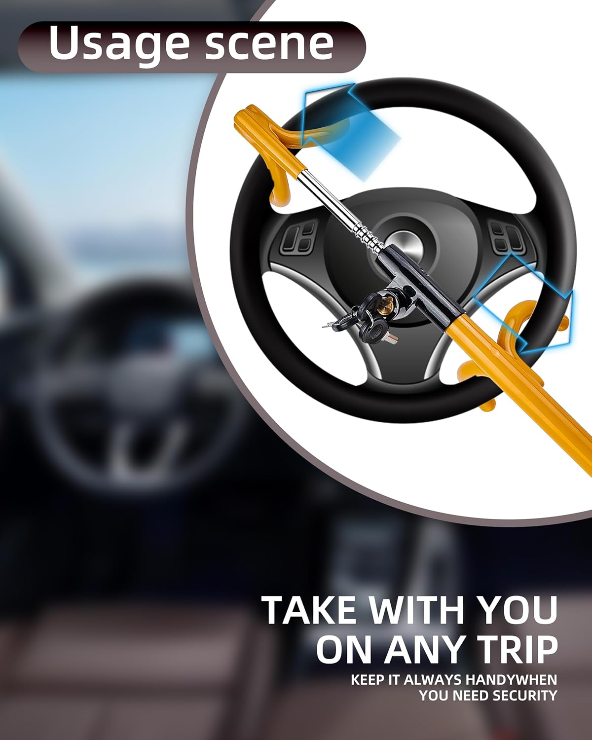 Dodomes Steering Wheel Lock Anti-Theft Heavy Duty Secure Car Device, Adjustable Length Clamp Double Hook Locks Universal Fit Yellow