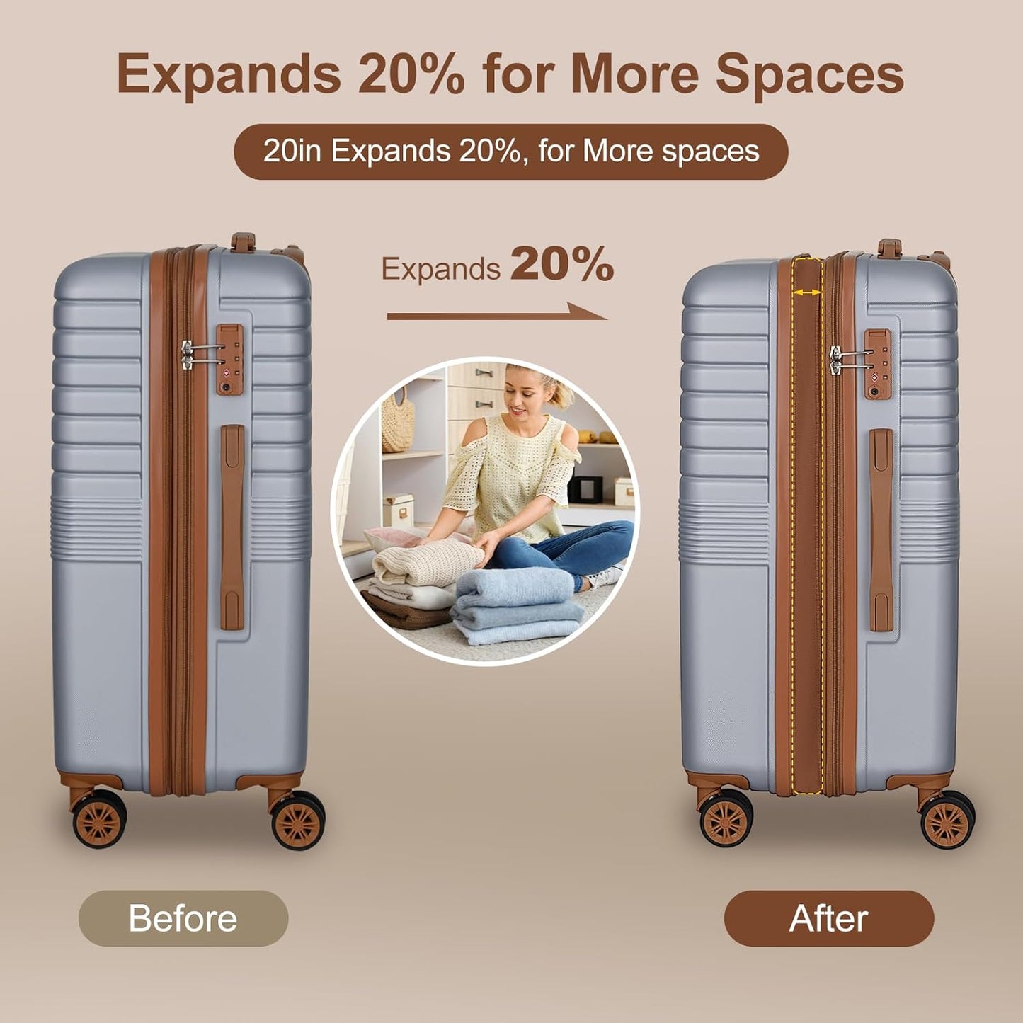 Romswi Expandable 20" Carry On Luggage,Hardshell Suitcase with Double Spinner Wheels for 20% More Space, Airline Approved Lightweight Hardside Luggage, Scratch-Resistant & YKK Zipper,Silver