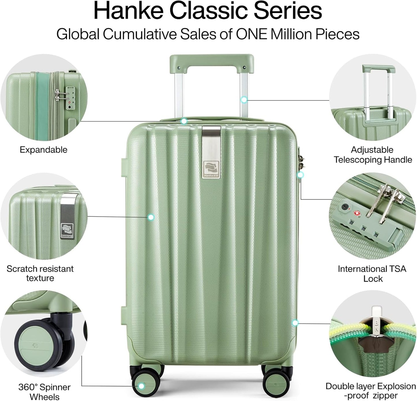 Hanke 29 Inch Expandable Checked Luggage Lightweight PC Hard Shell Luggage Suitcases with Wheels Travel Luggage Rolling Large Suitcase Travel Luggage Bag for Study Abroad.(Bamboo Green)