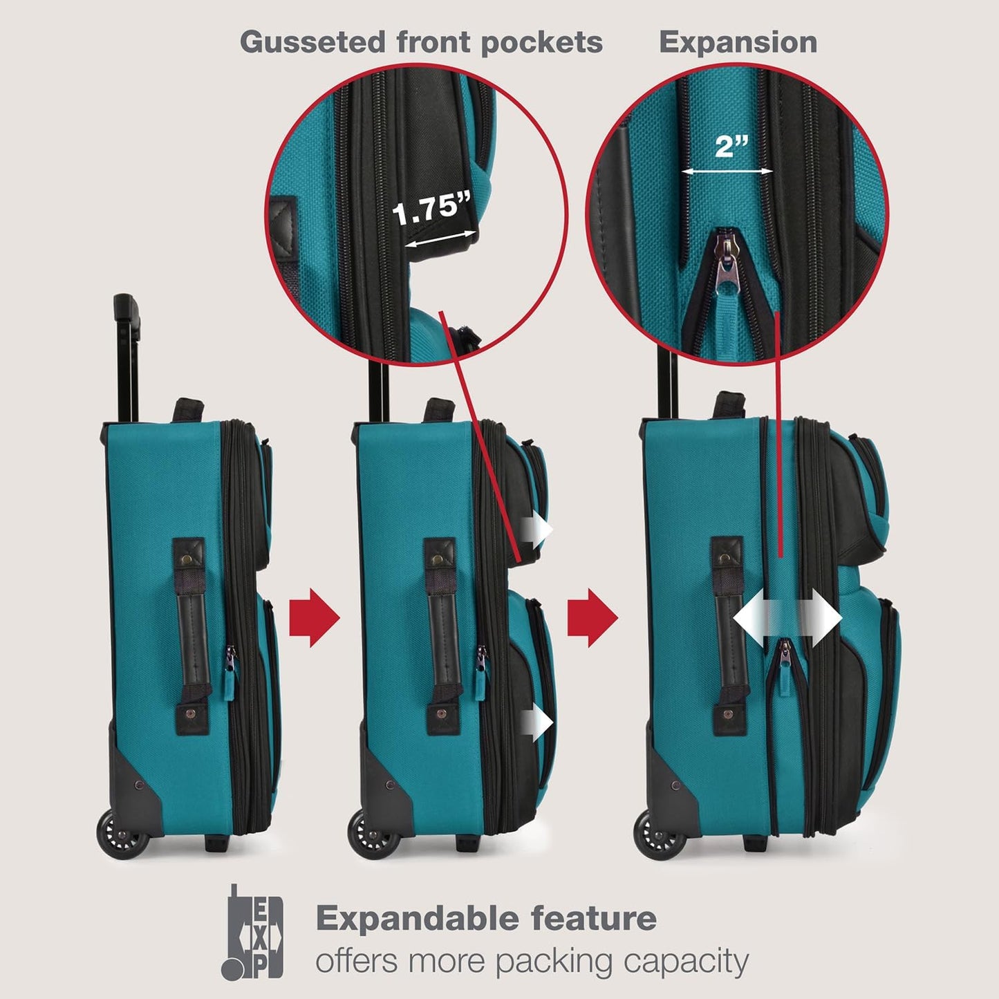 U.S. Traveler, Rio Rugged Fabric Expandable Upright Rolling Carry-on Luggage Set w/Tote Bag, Teal, 2-Piece (21/14)