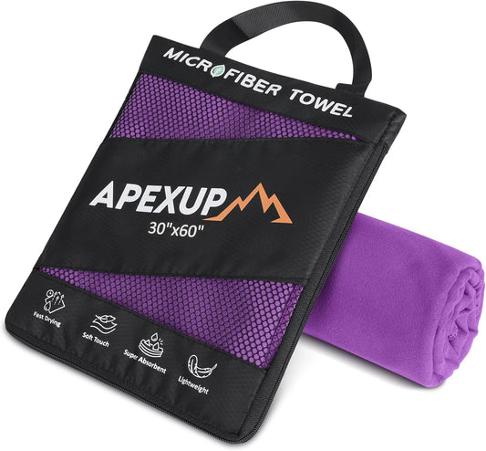 APEXUP Microfiber Travel Towel, Ultra Absorbent Quick Dry Towels, Lightweight Gym Sports Camping Towel for Workout, Yoga, Beach, Shower, Swimming (60"×30", Purple)