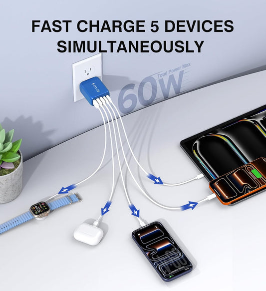 (2-Pack) 60W USB C Wall Charger Block, 5-Port C Charger Fast Charging Block PD Power Adapter +QC 3.0 Multiport Type C Box Brick Cube USB A Wall Plug for iPhone 15/16/17 Pro Max,Samsung (Dark Blue)