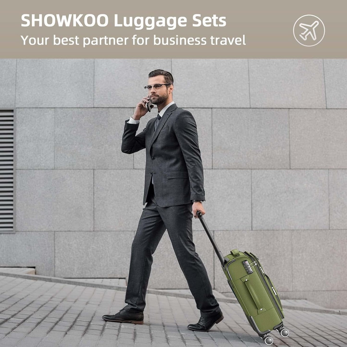 SHOWKOO Luggage Sets 3 Piece Softside Expandable Lightweight Durable Suitcase Sets Double Spinner Wheels TSA Lock Olive Green (20in/24in/28in)