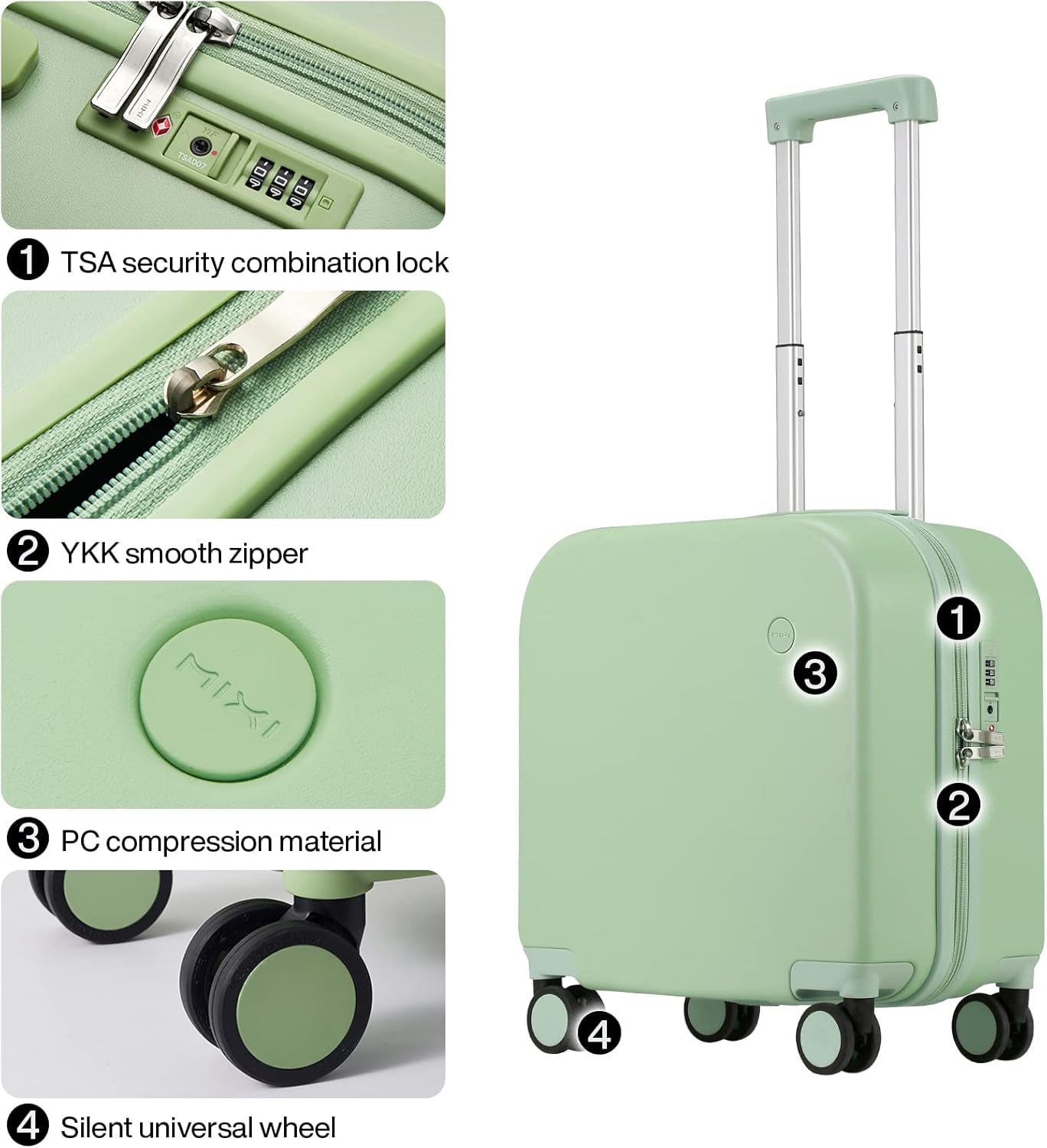 mixi Carry on Luggage, Suitcase with Spinner Wheels 16in Luggage Hardshell Lightweight Rolling Suitcases PC with Cover & TSA Lock, Avocado Green