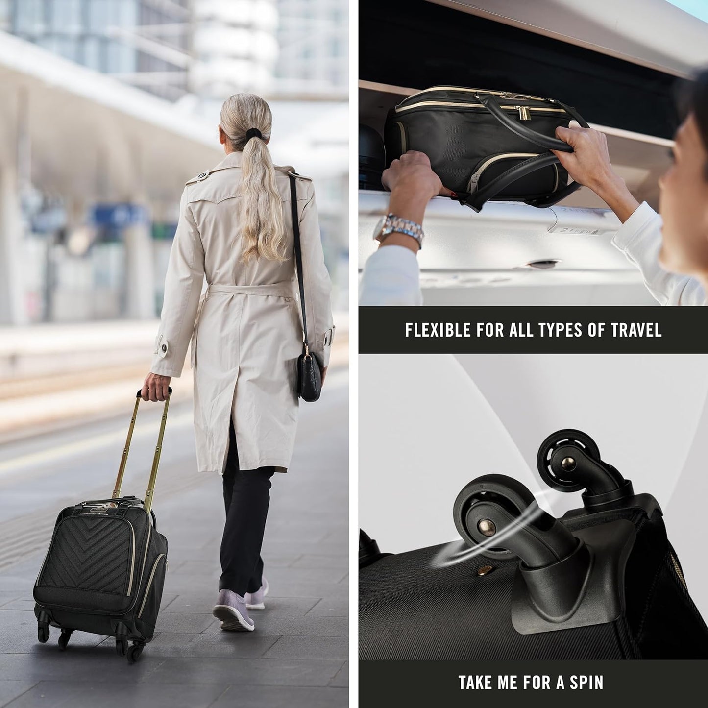 Kenneth Cole REACTION Chelsea Chevron Quilted Luggage, Black, Underseater, 17-Inch Carry On