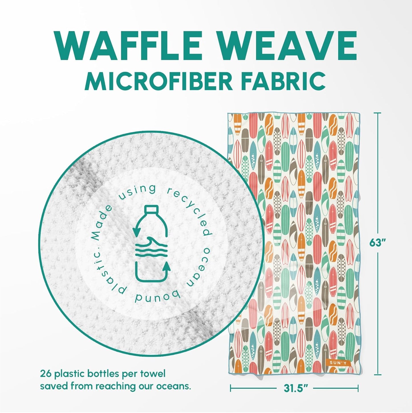 SUN'Y Waffle Microfiber Beach Towel – Sand Free, Quick Dry, Ultra Absorbent, Lightweight & Compact Travel Towel with Carry Bag - Large (63” x 31.5”), Huntington