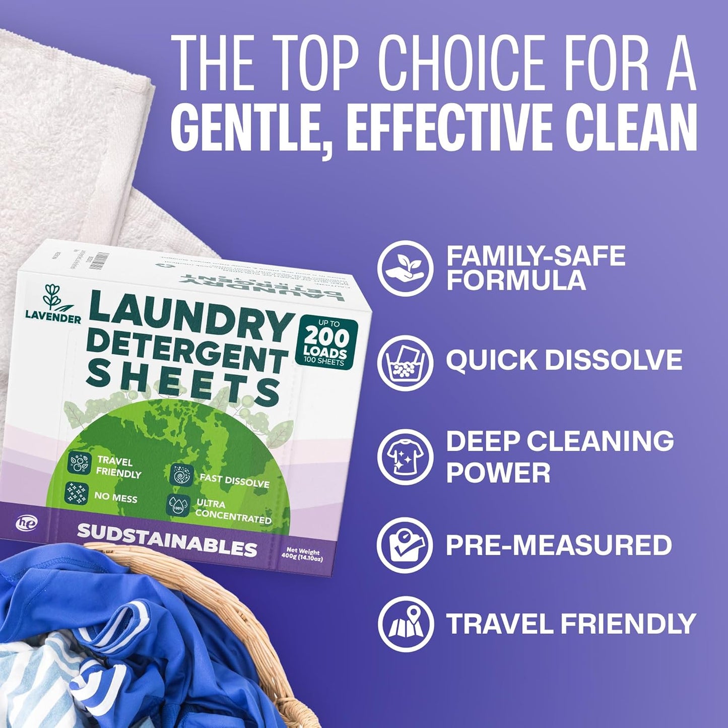 Sudstainables Laundry Detergent Sheets 200 Loads – Dissolvable Laundry Sheet for Washing Machines, Compact Alternative to Liquid & Powder Detergent, Travel-Friendly Soap | Lavender