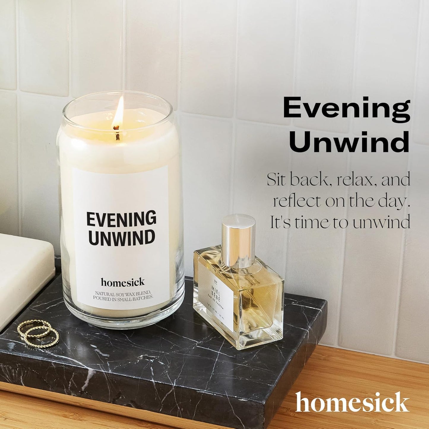 Homesick Scented Candles for Home (Evening Unwind) - 13.75 oz Long-Lasting Natural Soy Wax Blend Jar Candle Gifts for Women & Men, 60-80 Hours Burn Time - Notes of Valencia Orange, Melon & Moss