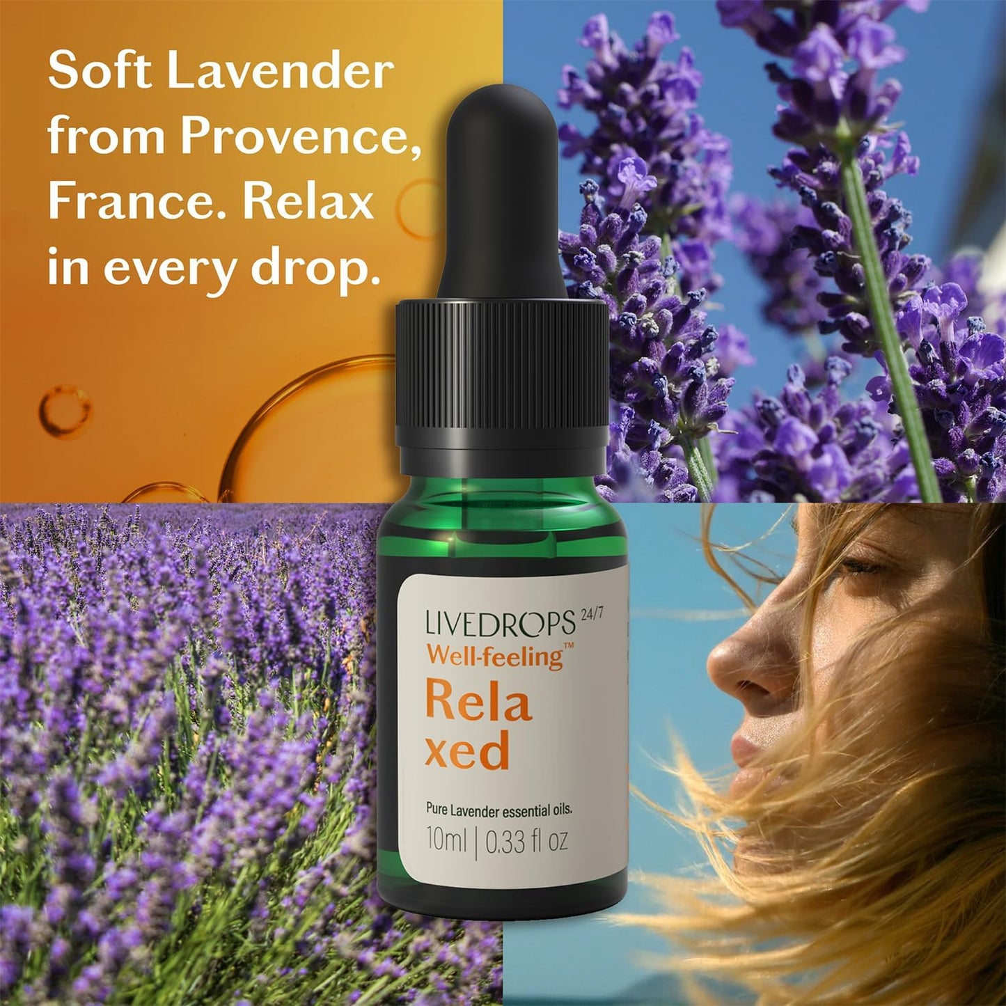 LIVEDROPS 24/7 Relaxed Lavender Essential Oil, Natural Vegan Aromatherapy for Diffuser or Diluted Skin Use, Calming Floral Herb Scent, Made in France, Bottled in USA, Clinically Tested, 10ml
