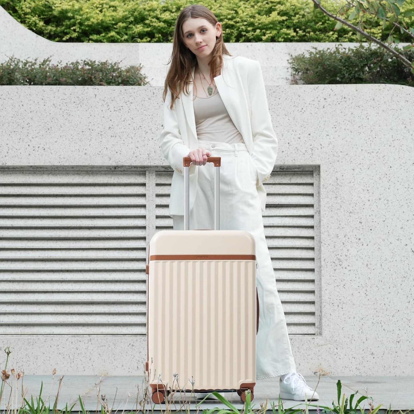Merax 3 Piece Luggage Sets, Hardside Lightweight Carry on Suitcase,Durable Expandable Luggage with Travel Bags Spinner Wheels and TSA Lock,White and Brown