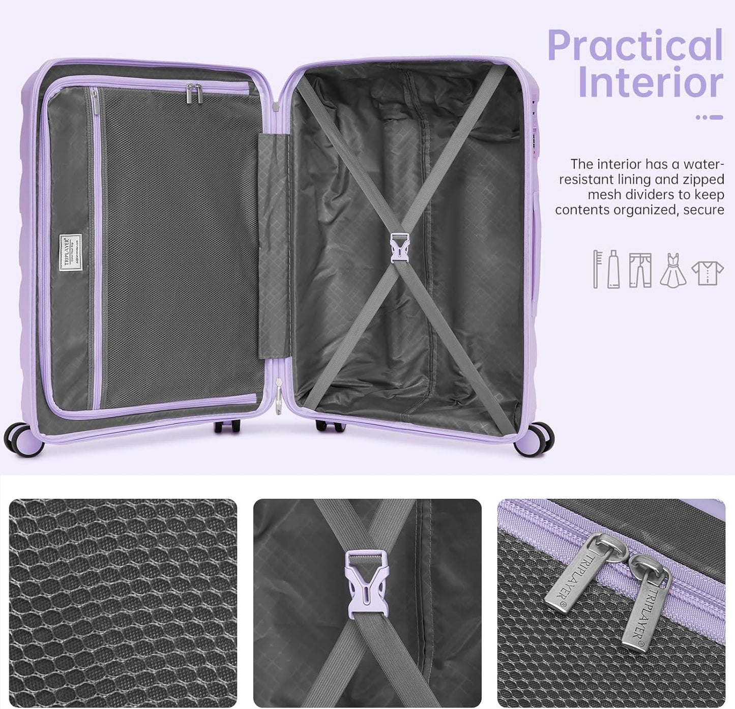 Luggage Sets 5 Pieces, PP Hardshell Suitcase Set with Spinner Wheels, Suitcases for Women (Lavender)