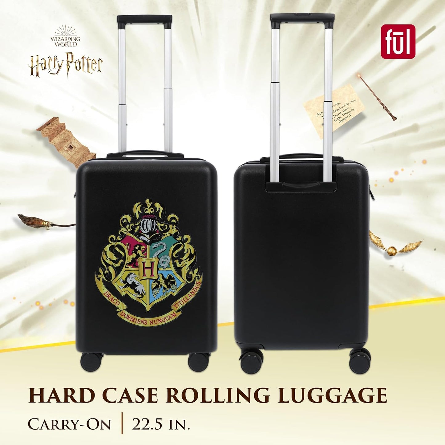 FUL Harry Potter 22.5 Inch Carry On Luggage, Hogwarts Crest Hardshell Rolling Suitcase with Spinner Wheels, Black
