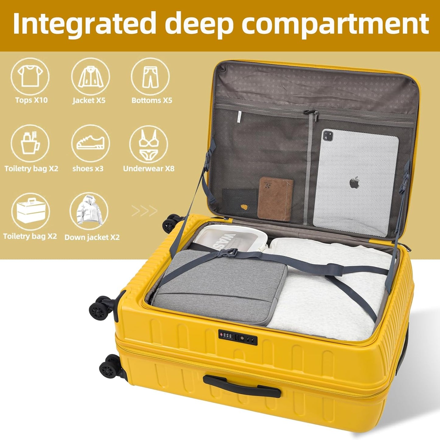 2 Pieces 20/29 Luggage Sets, 20 Inch Cabin Luggage with Front Pocket & 29 Inch Side Opening Suitcase, Ligthweight ABS+PC Hardshell, TSA Lock with HINOMOTO 360° Wheels, Yellow