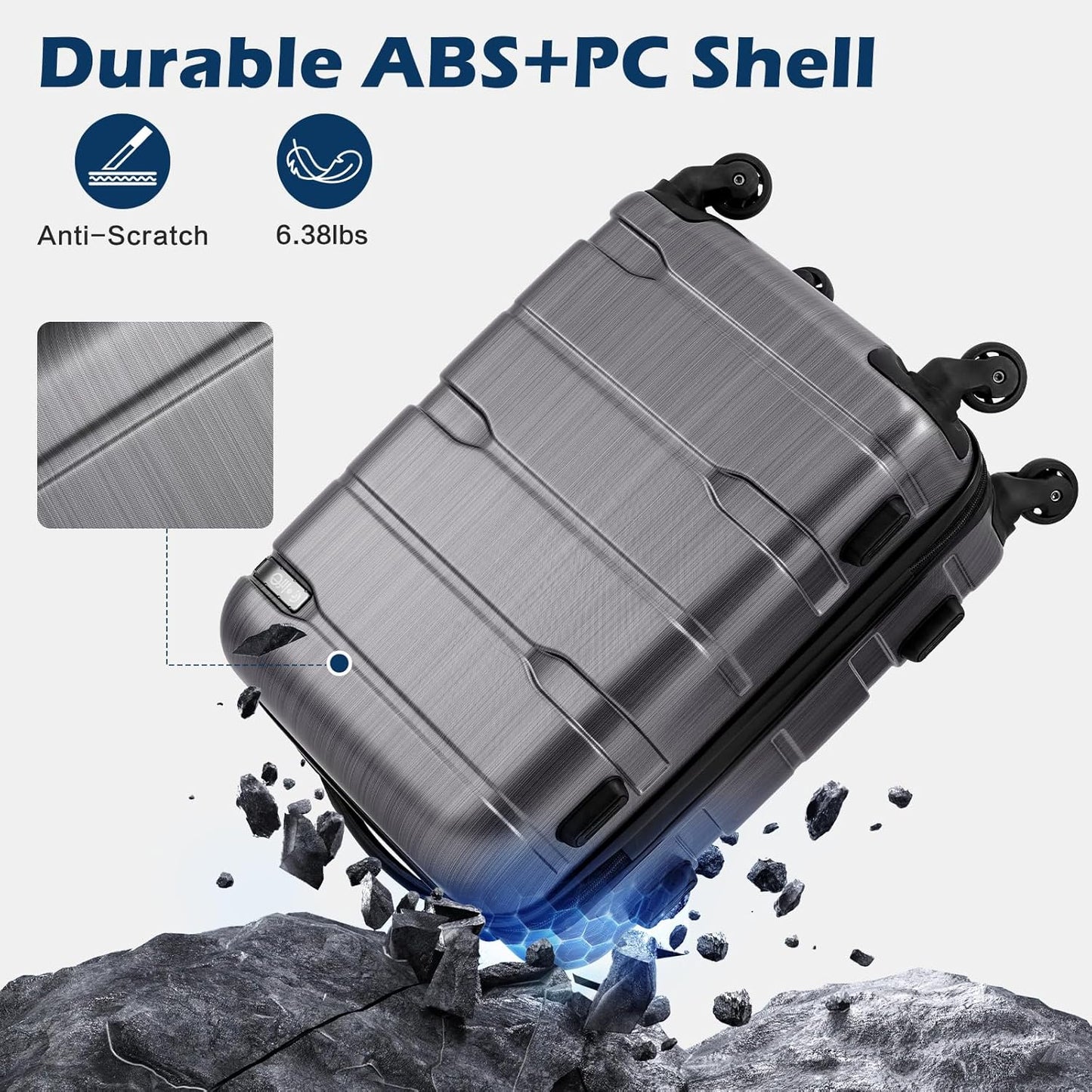 Coolife Luggage PC+ABS Hardshell Suitcase with TSA Lock, Spinner Carry On Lightweight（Charcoal, 20in）