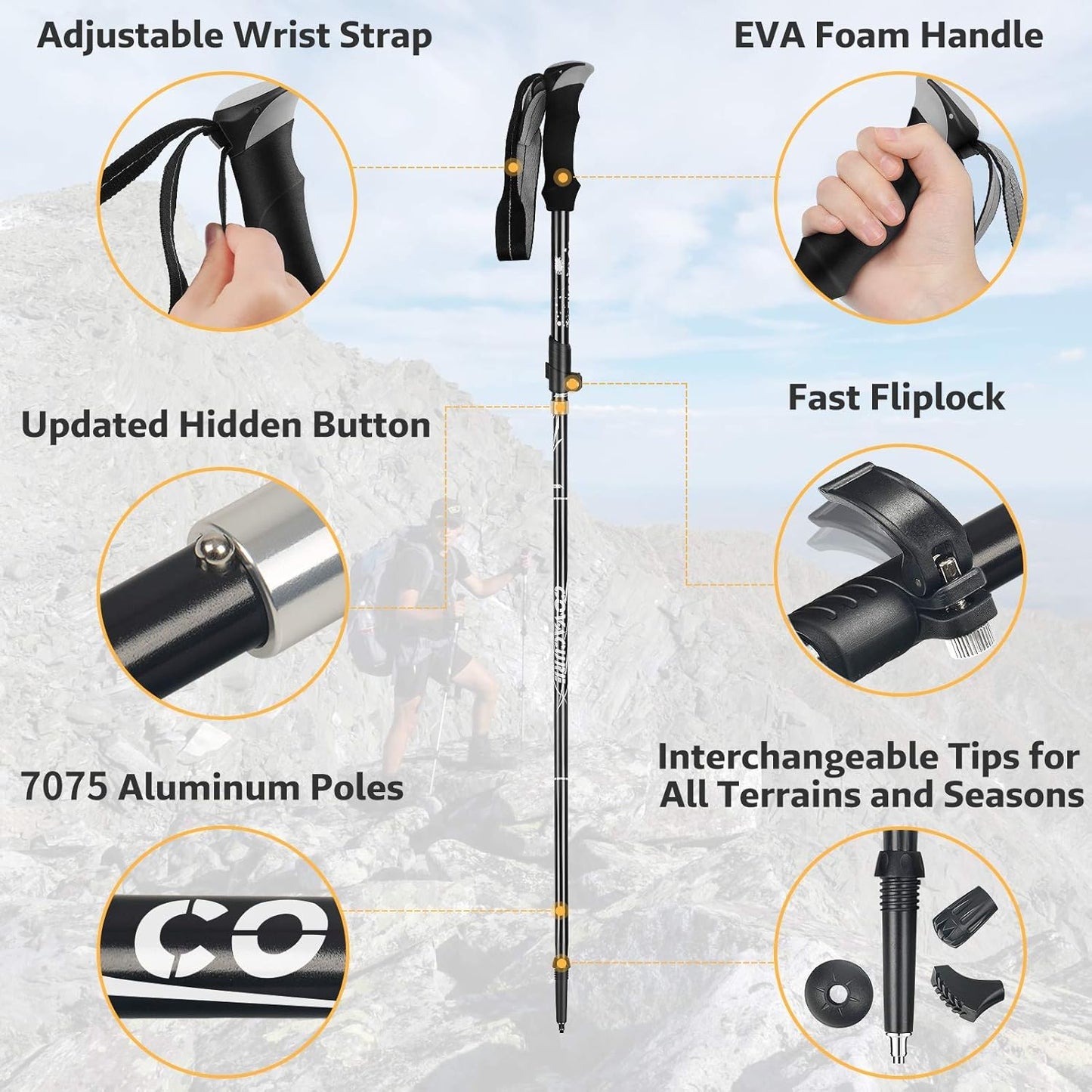 Covacure Trekking Poles Collapsible Hiking Poles - Aluminum Alloy 7075 Trekking Sticks with Quick Lock System, Telescopic, Collapsible, Ultralight for Hiking, Camping