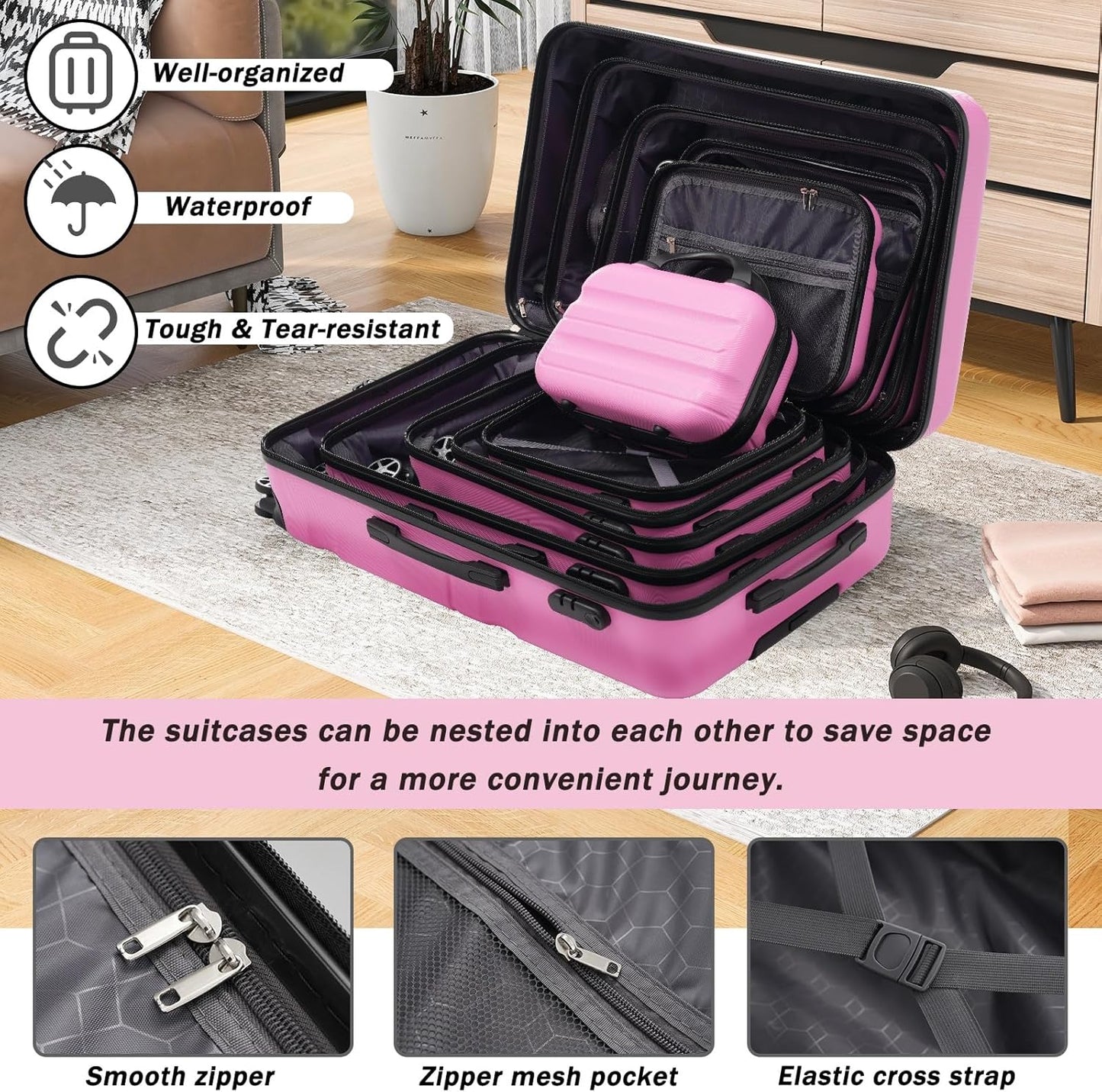 Merax Luggage Set 6 Piece, Hardshell ABS Suitcases with 8 Silent Spinner Wheels, Durable and Lightweight Travel Luggage for Family Trips, Pink