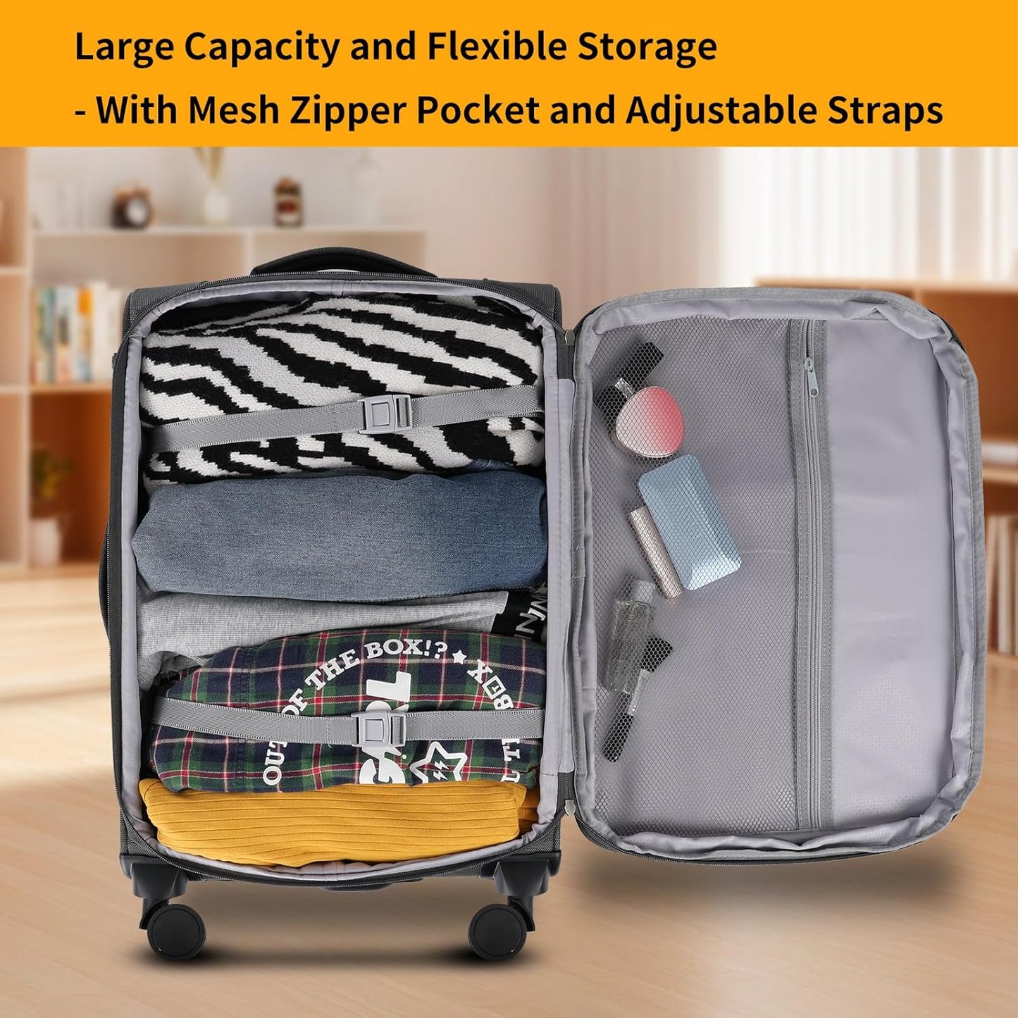 3-Piece Softside Expandable Luggage Set with Front Open Pocket, Lightweight and Durable Oxford Fabric Suitcase Set with TSA Lock (Gray, 20in/24in/28in)