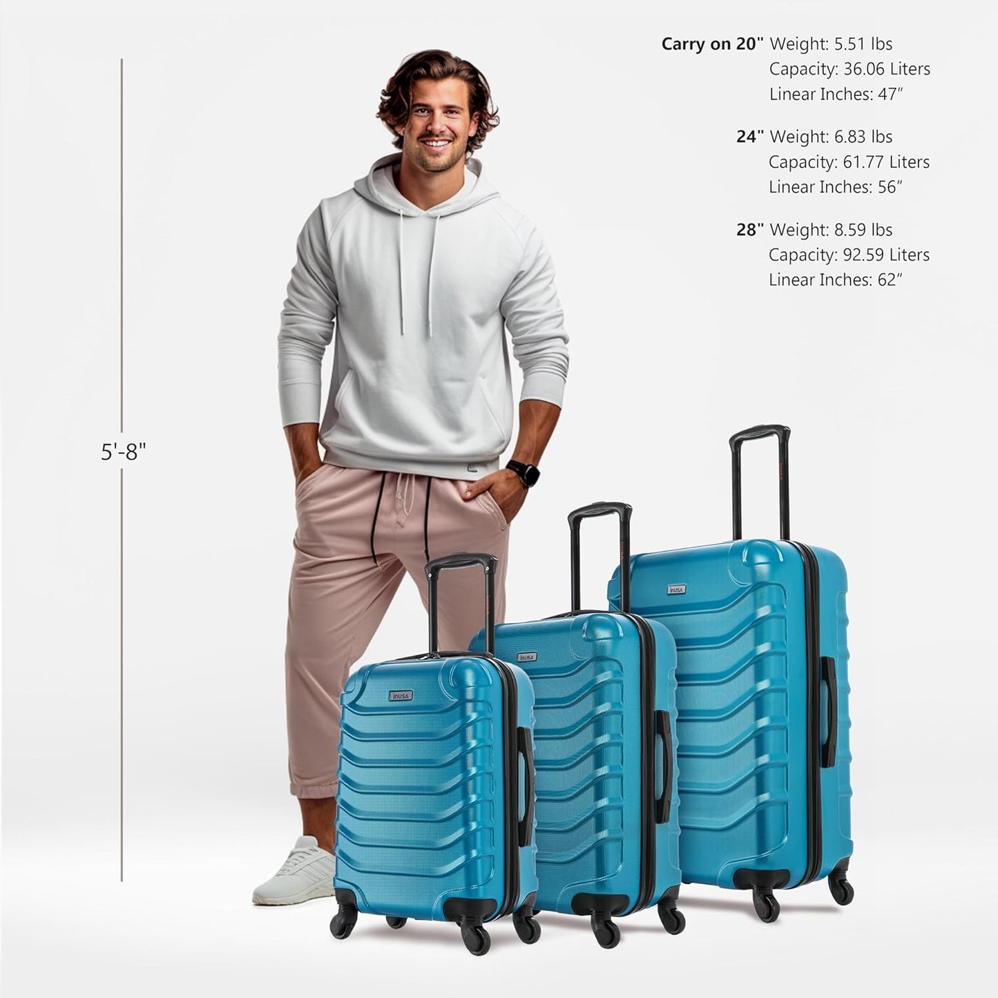 InUSA ENDURANCE Luggage with Spinner Wheels | Spacious Durable Lightweight Hardshell Suitcase, Travel Sets with Handle and Trolley | (20in, 24in, 28in) 3 Piece Luggage Set | Teal