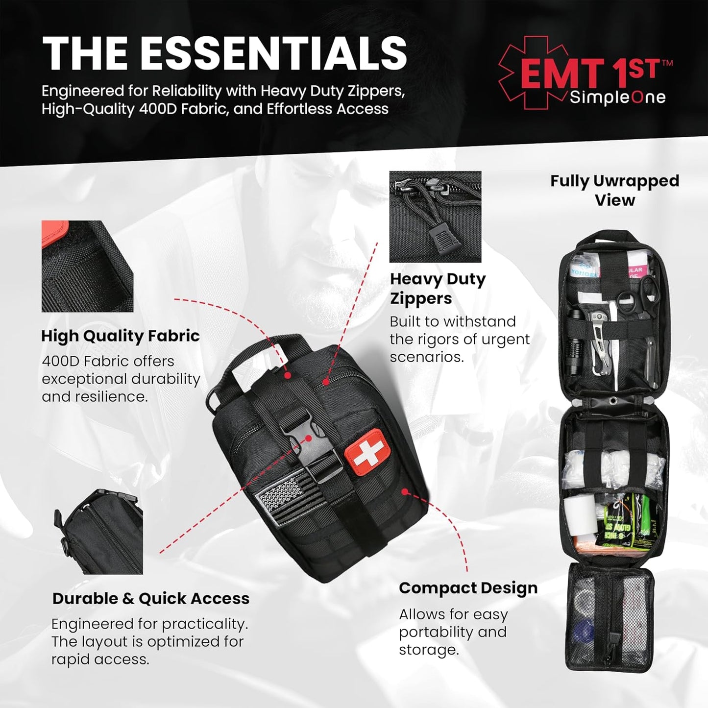 EMT 1st 250 Pcs Emergency Responder First Aid Kit with 30 Unique Items & Mylar Blankets Large First aid kit for car, Travel & Home - Emergency Bag for Hiking, Camping, Backpacking and Outdoor