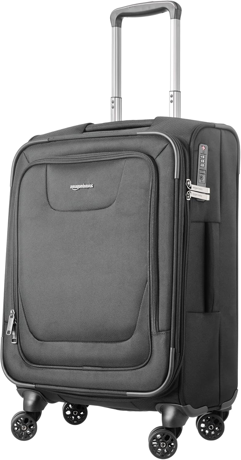 Amazon Basics 17" Carry On Luggage, Softside Suitcase With TSA Lock, 8 Spinner Wheels, Front Exterior Pocket, 3 Interior Pockets For Dry and Damp Clothes/Towels Separately, Black