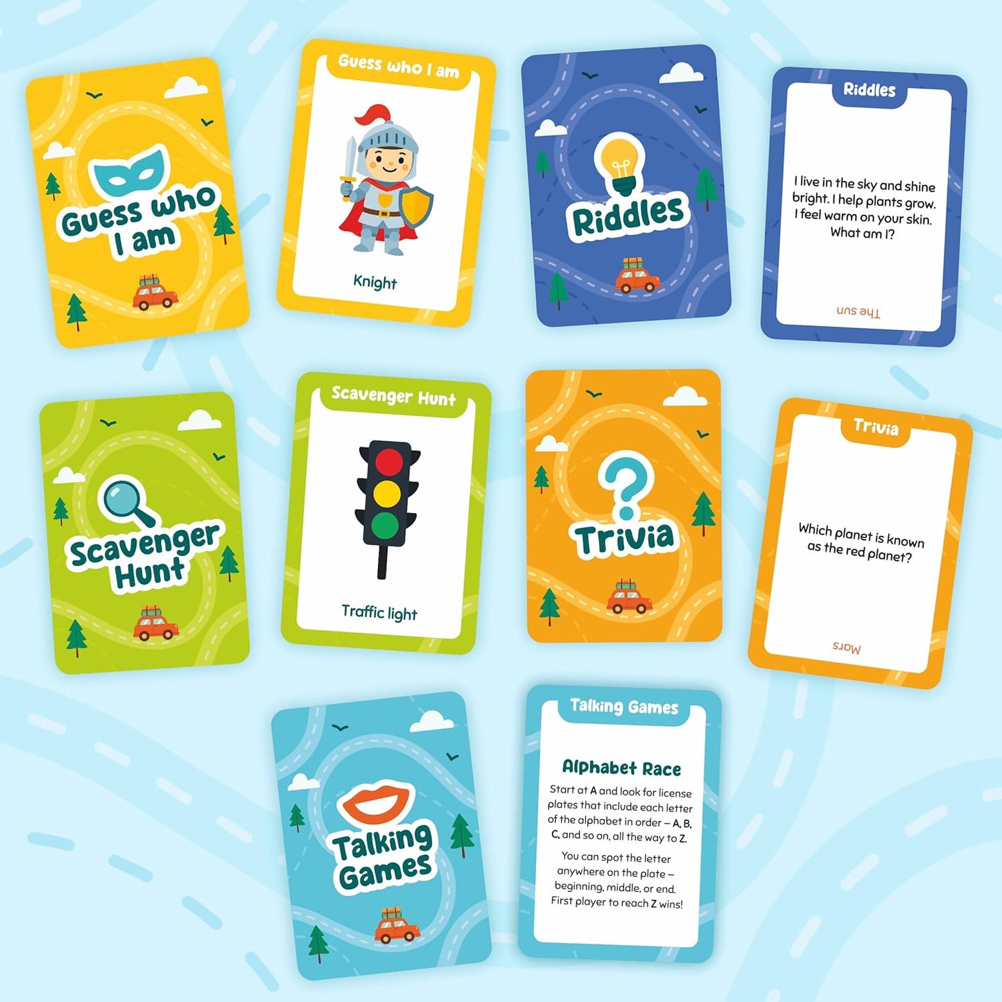 WELL BALANCED 5-in-1 Road Trip Games for Kids Ages 4-8 – Car Games, Riddles, Trivia, Scavenger Hunt – Car Ride Essentials for Screen-Free Fun – Road Trip Activities for Kids