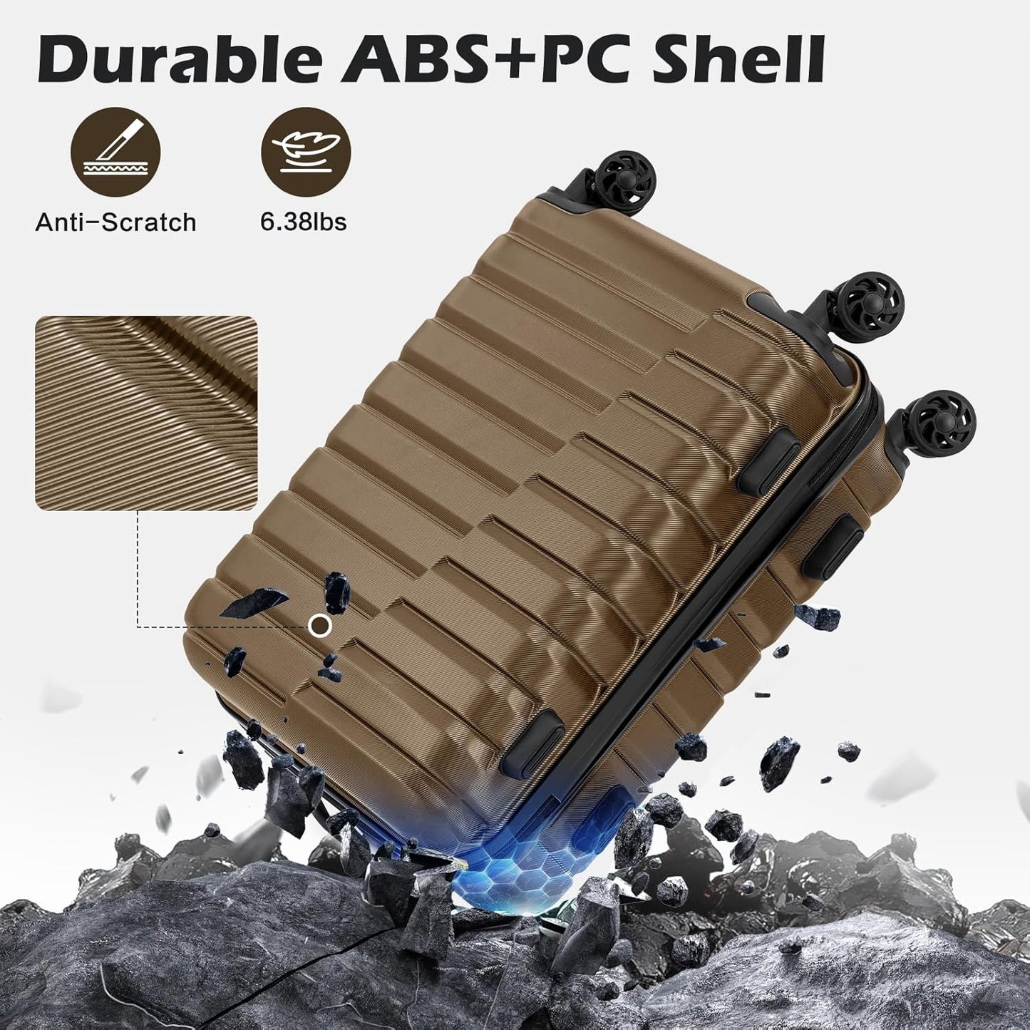 Coolife 20-Inch Small Carry on Hardside PC+ABS Spinner TSA Lock Telescopic Luggage Handle（20in-brown）