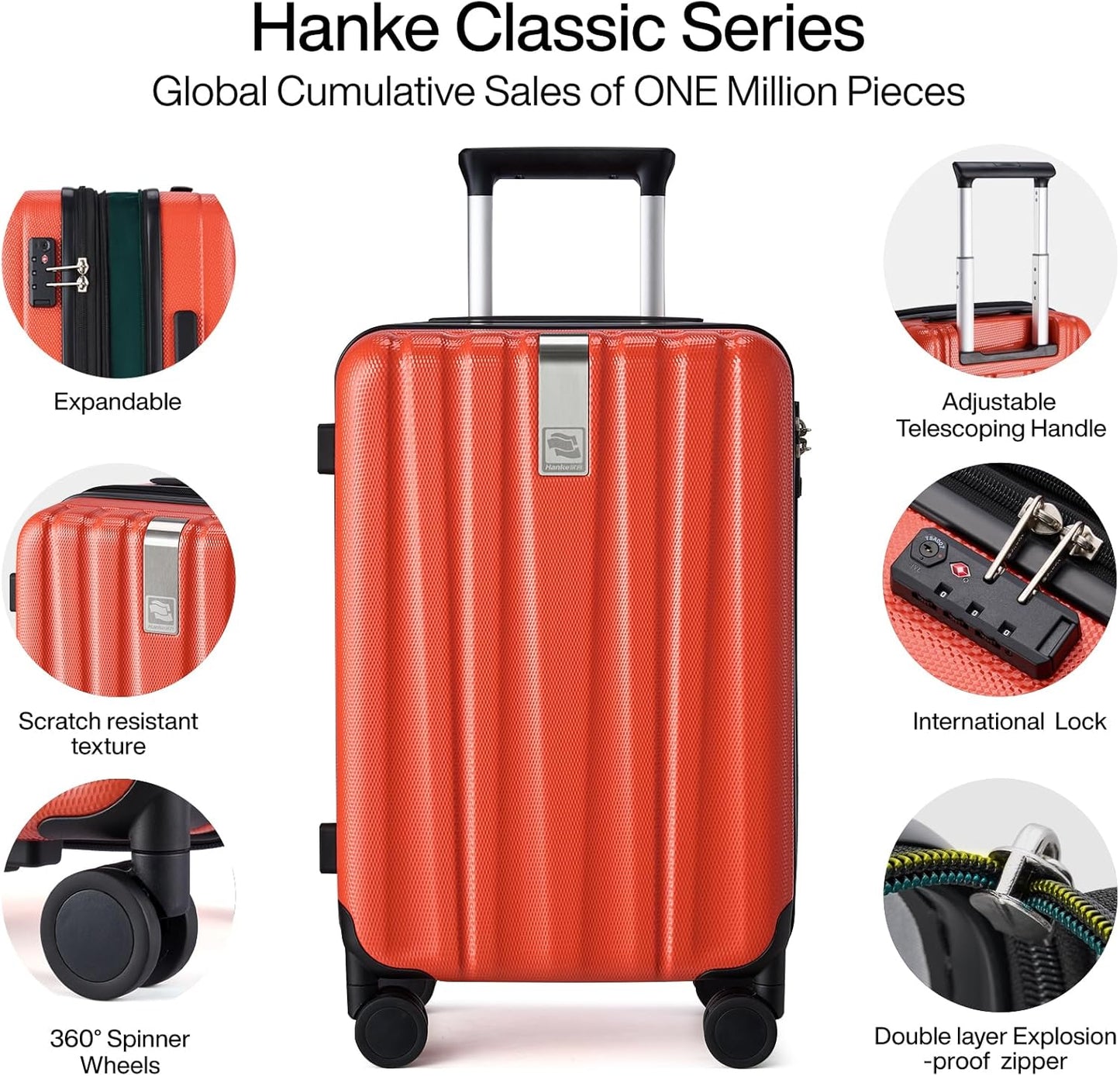 Hanke 24 Inch Expandable Checked Luggage Lightweight PC Hard Case Luggage Suitcases with Wheels TSA Luggage Rolling Large Suitcase Travel Luggage Bag for Go to University(Orange)