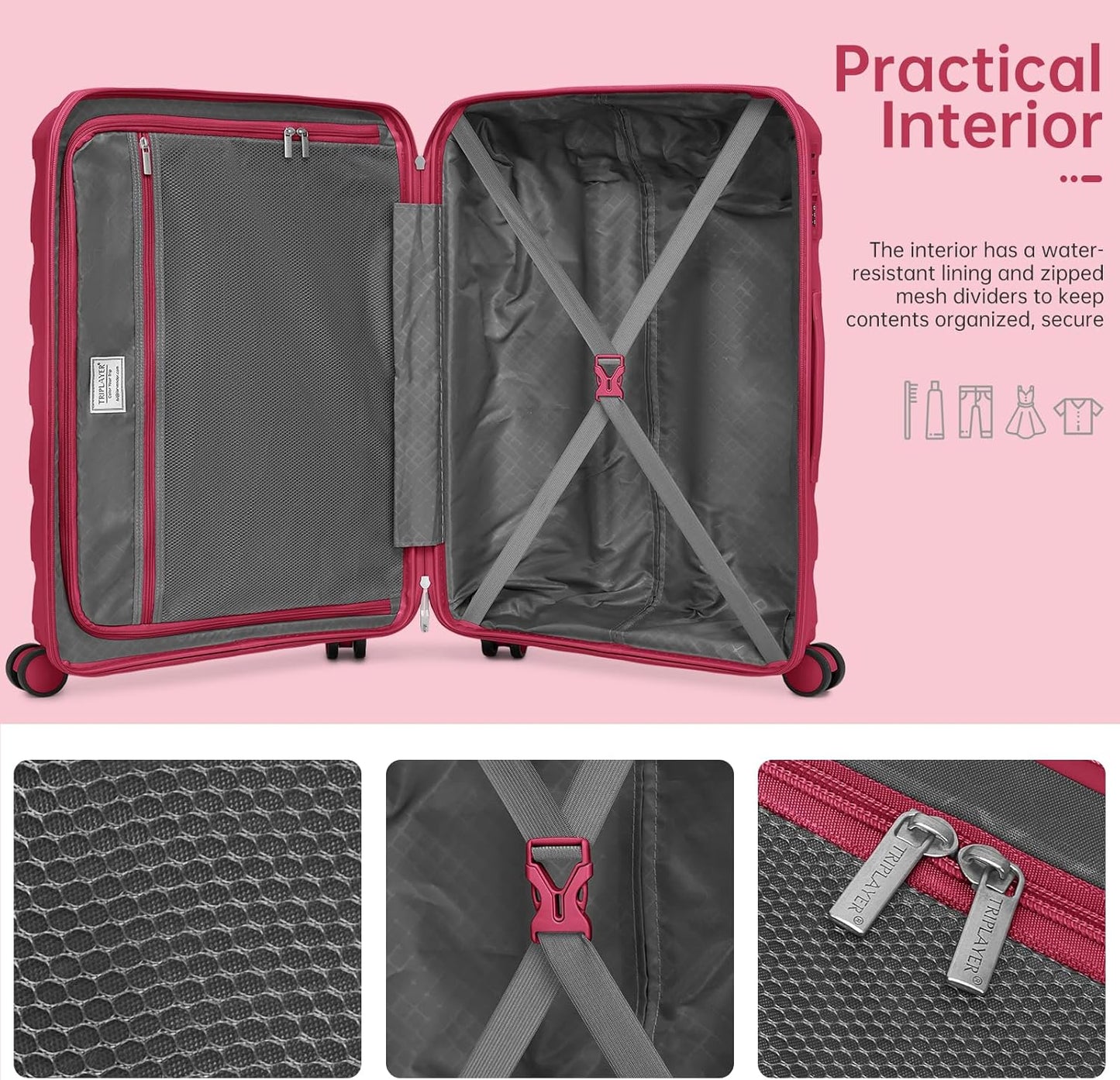 Carry On Luggage 22x14x9 Airline Approved, 22 Inch PP Hardshell Luggage Carry-on Suitcase with Spinner Wheels, Carry On Suitcase Set for Women(Rose Red)