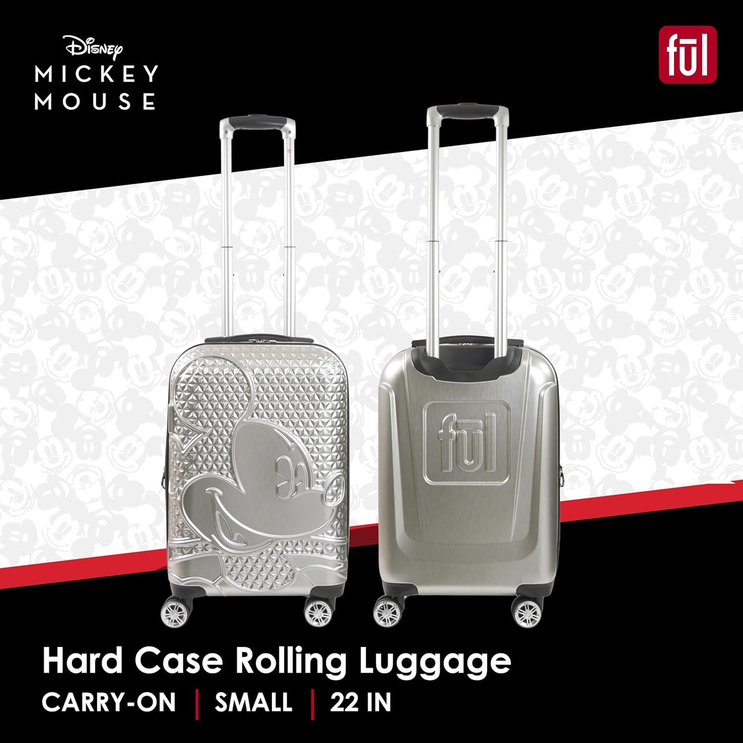 FUL Disney Mickey Mouse 22 Inch Carry On Luggage, Hardshell Rolling Suitcase with Spinner Wheels, Silver