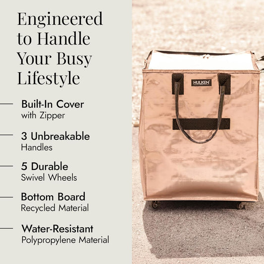 (Large, Rose Gold) Reusable Grocery Bag On Wheels, Shopping Trolley, Rolling Tote, Zipper Closure, Lightweight, Carries Up to 66 lb, Folds Flat, Unbreakable Handles