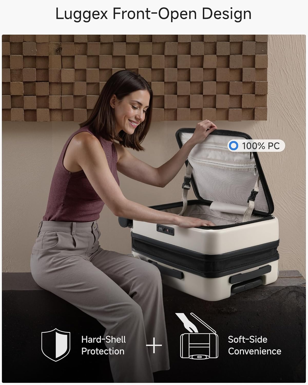 Carry On Luggage Top Opening, FLT Expandable Polycarbonate Hard Shell Suitcase with Wheels (FX-Lite, Beige, 20 Inch, 36L-41L)