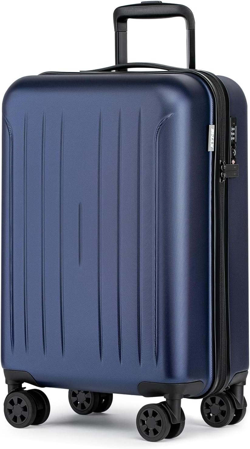KYME Carry on luggage 22x14x9 Airline Approved Suitcase Hardshell With Double Spinner Wheels, PC+ABS TSA Lock Travel Luggage (Navy Blue, 20" Carry On)