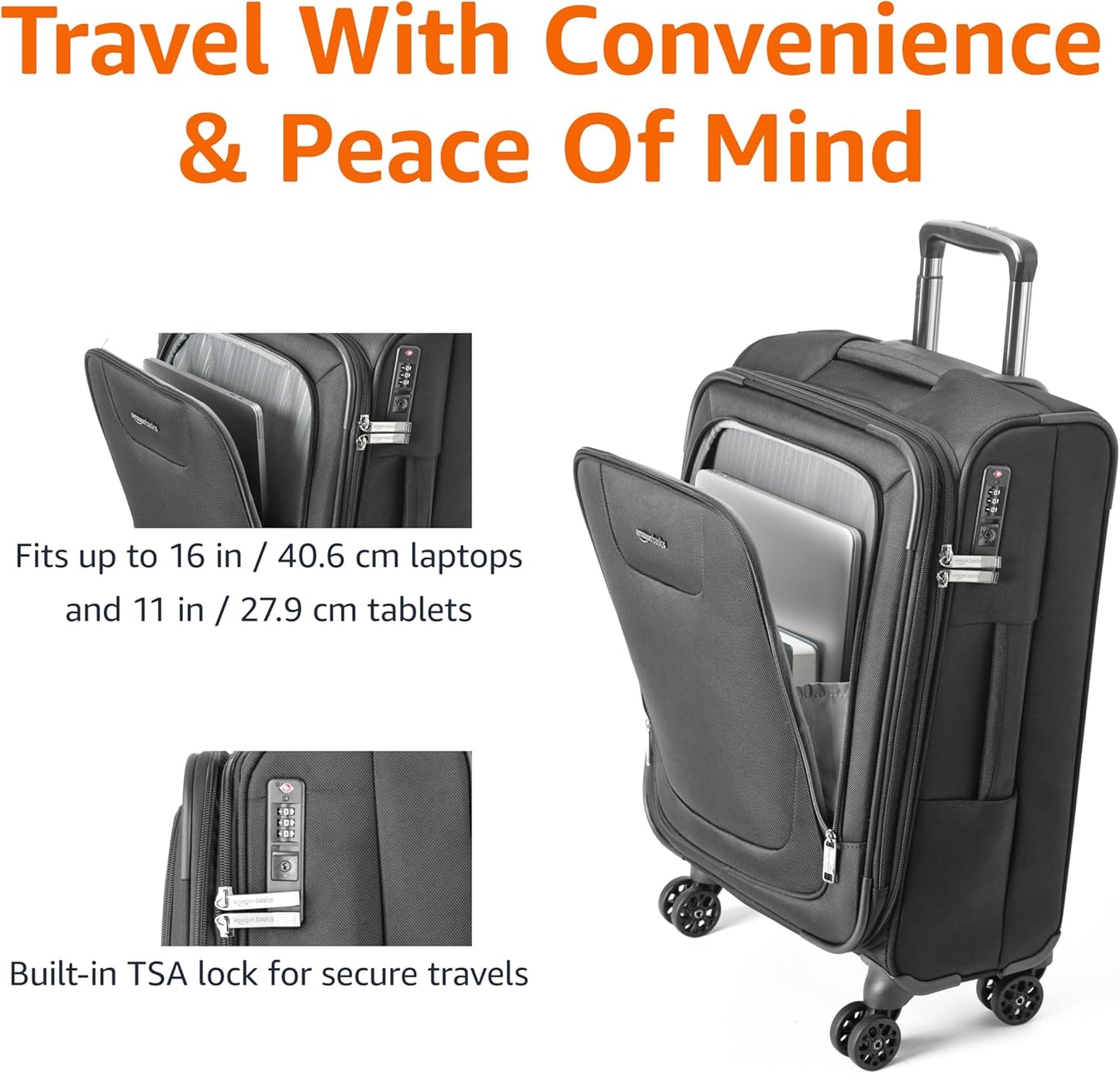 Amazon Basics 20" Luggage, Softside Suitcase With TSA Lock, 8 Spinner Wheels, Front Exterior Pocket, 3 Interior Pockets For Dry and Damp Clothes/Towels Separately, Black