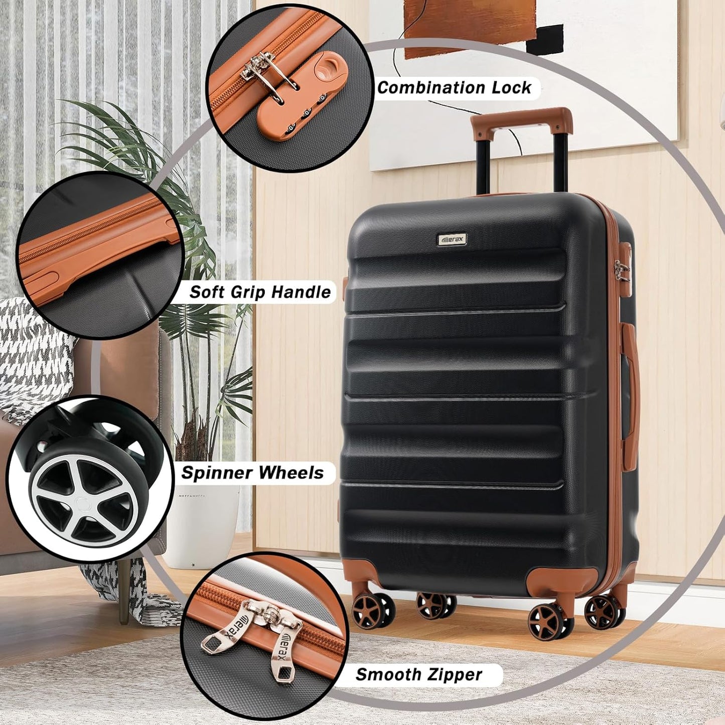 Merax Luggage Set 6 Piece, Hardshell ABS Suitcases with 8 Silent Spinner Wheels, Durable and Lightweight Travel Luggage for Family Trips, Black Brown