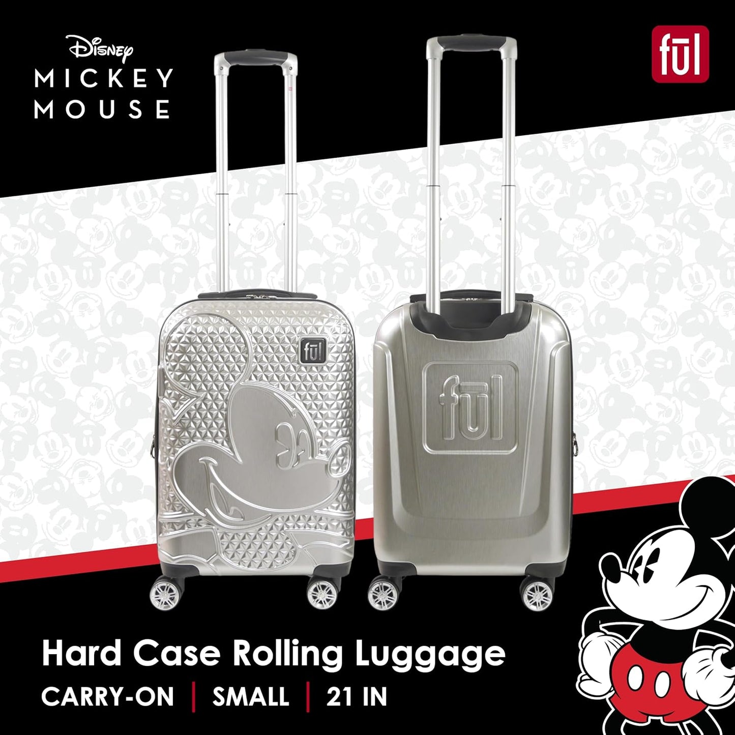 ful Disney Mickey Mouse 21 Inch Carry On Luggage, Hardside Rolling Suitcase with Spinner Wheels, Silver
