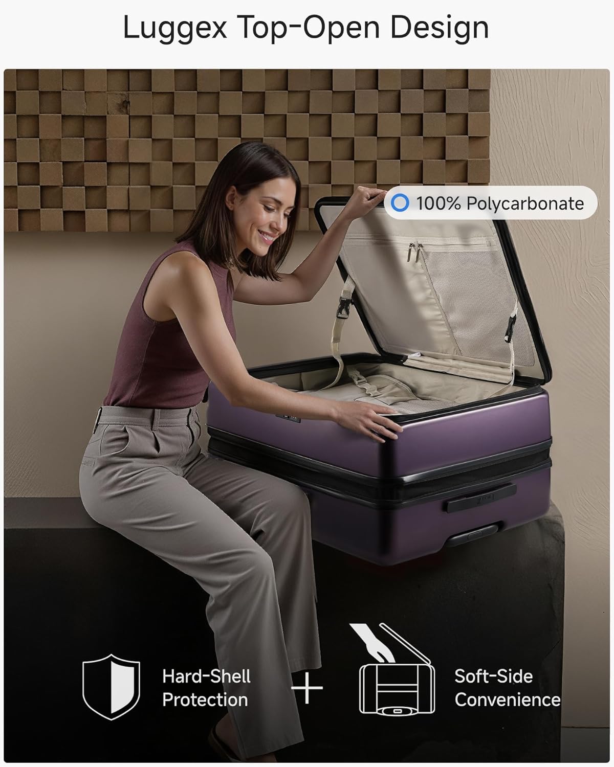 LUGGEX Checked Suitcase Top Opening, FLT Expandable Polycarbonate Hard Shell Suitcase with Wheels (FX-Lite, Purple, 28 Inch, 105L-115L)