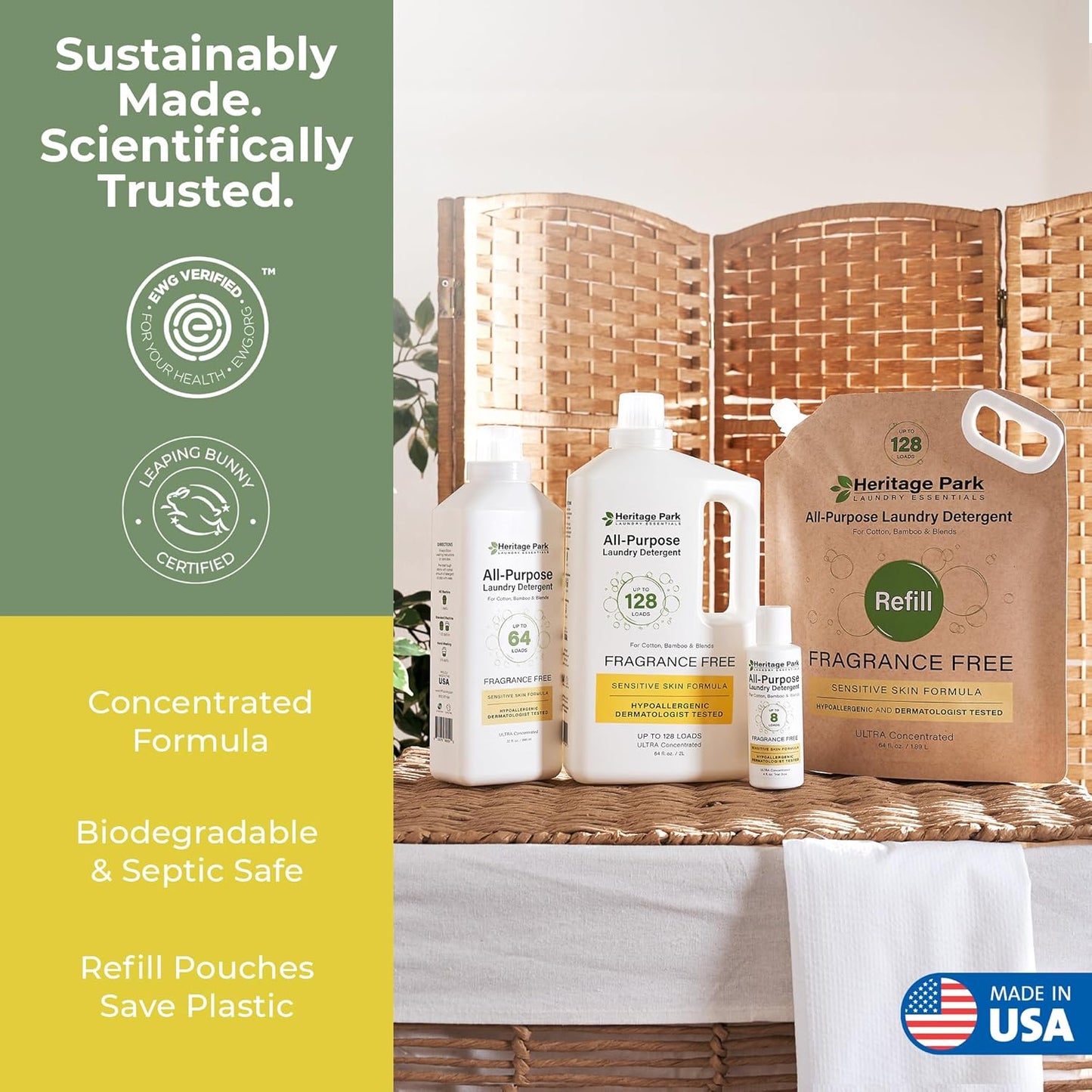 Heritage Park Luxury Laundry Detergent | Dermatologist Tested Plant based Natural & Enzyme Laundry Detergent | Sensitive Skin Friendly - Fragrance Free (32 fl oz)