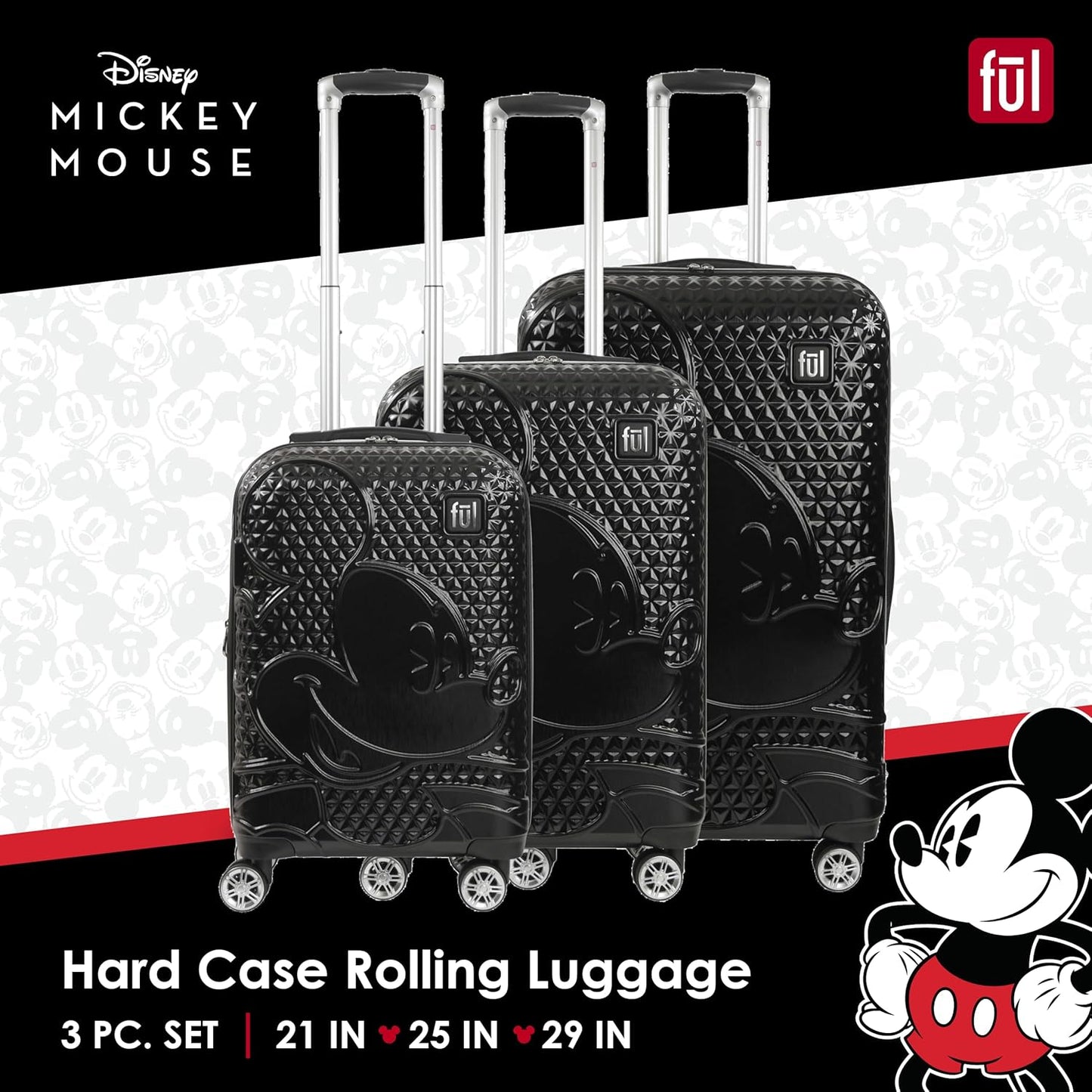 FUL Disney Mickey Mouse (Set of 3) Rolling Luggage Set, Hardside Suitcase with Spinner Wheels, 21 Inch, 25 Inch and 29 Inch, Black