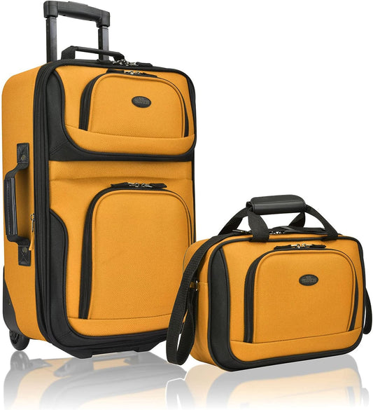 U.S. Traveler, Rio Rugged Fabric Expandable Upright Rolling Carry-on Luggage Set w/ Tote Bag, Orange, 2-Piece (21/14)
