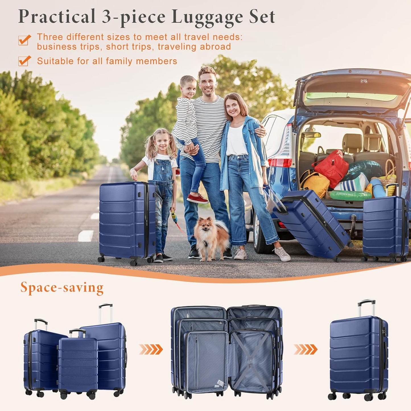 Sweetcrispy Luggage Spinner Wheels Lightweight Expandable Travel Hard Shell Suitcases with TSA Lock, Navy Blue, 3-PCS Set (20/24/28 inch)